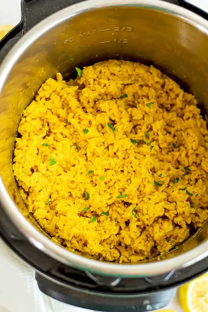 Instant pot filled with lemon turmeric jasmine rice.