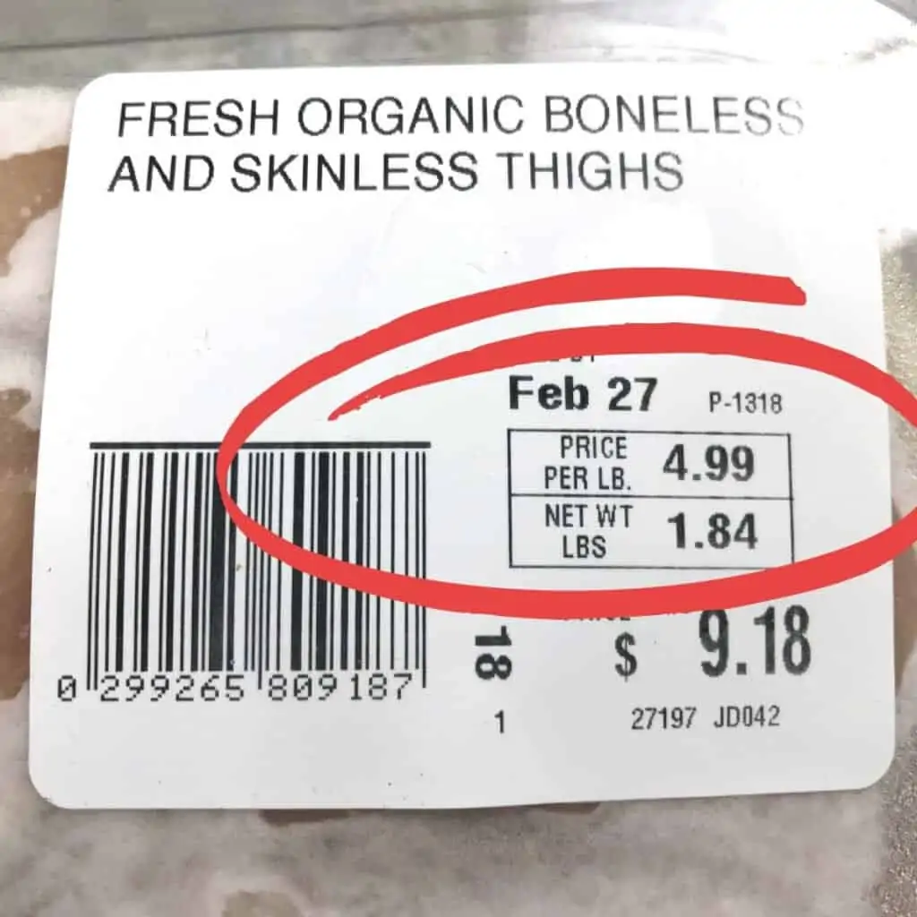 Cost for a pound of chicken thighs.