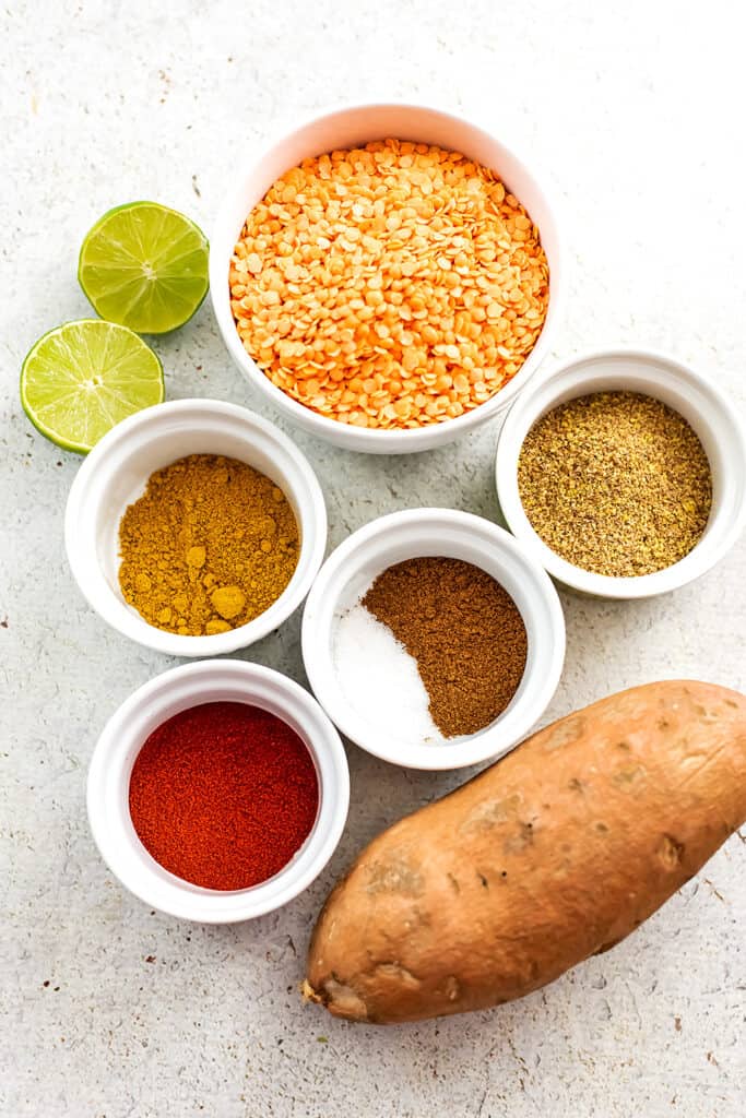 Ingredients to make sweet potato red lentil patties.