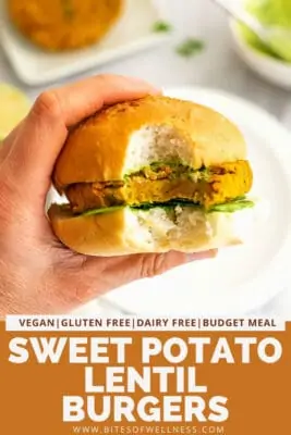 Hand holding a sweet potato lentil burger with a bite taken.