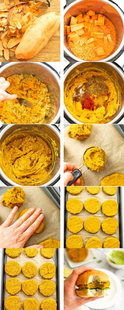 Steps on how to make sweet potato lentil patties.