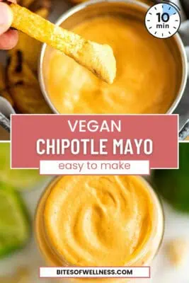 Fry being dipped in vegan chipotle mayo.