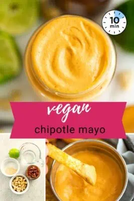 Fry being dipped in vegan chipotle mayo.