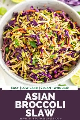 Asian broccoli slaw in a large bowl with red pepper flakes.