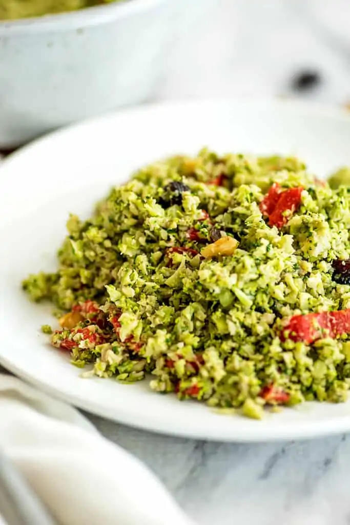 Riced broccoli salad on a plate.