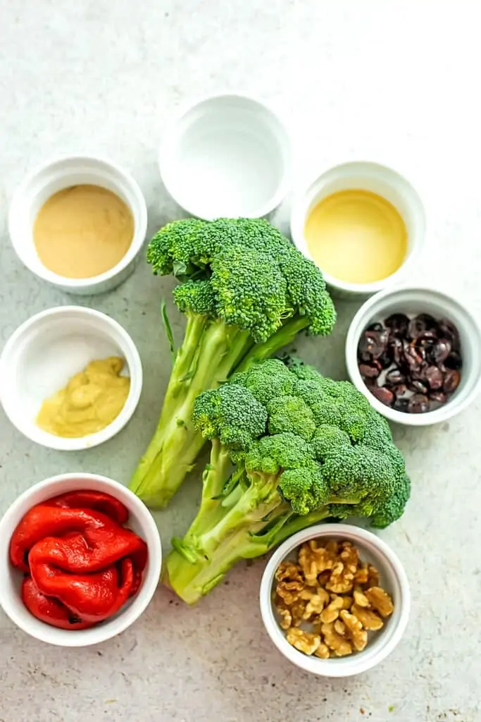 Ingredients to make riced broccoli salad.