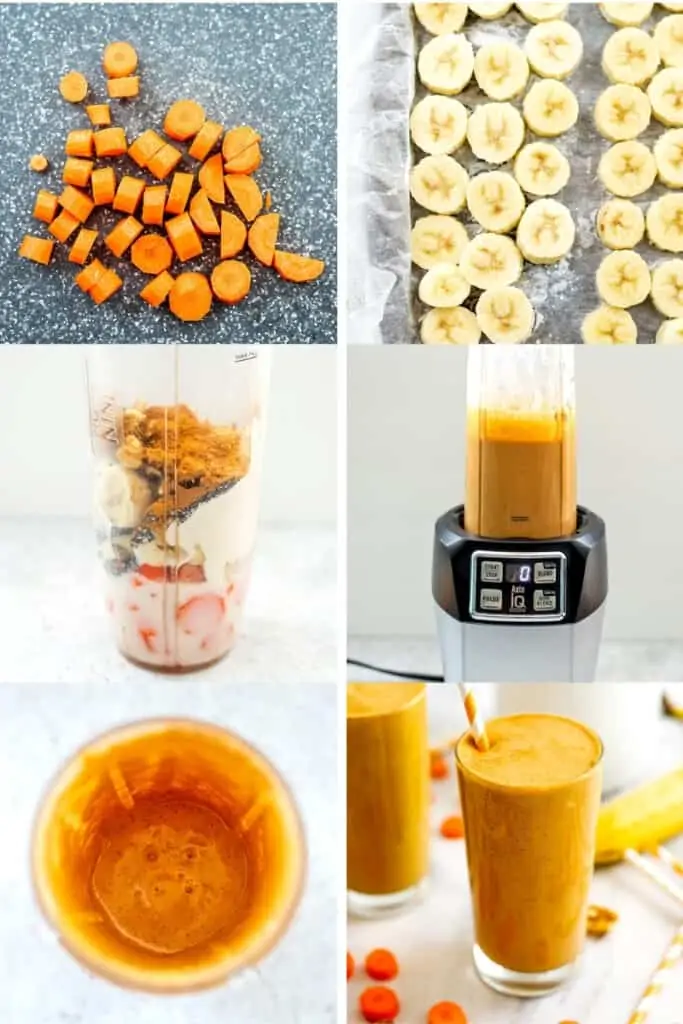 Steps to make a carrot banana smoothie.