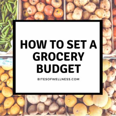 Vegetables in background of text for setting a grocery budget.