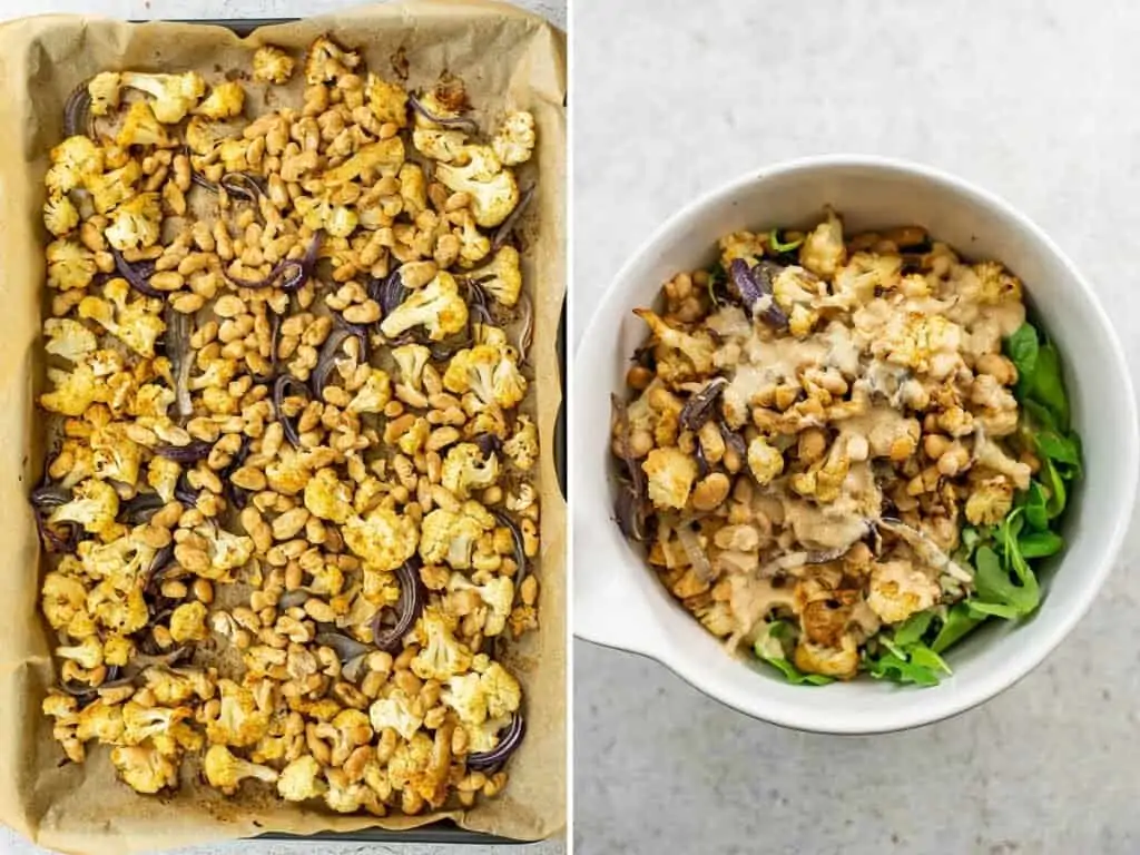 Finished roasted cauliflower and beans over salad greens.