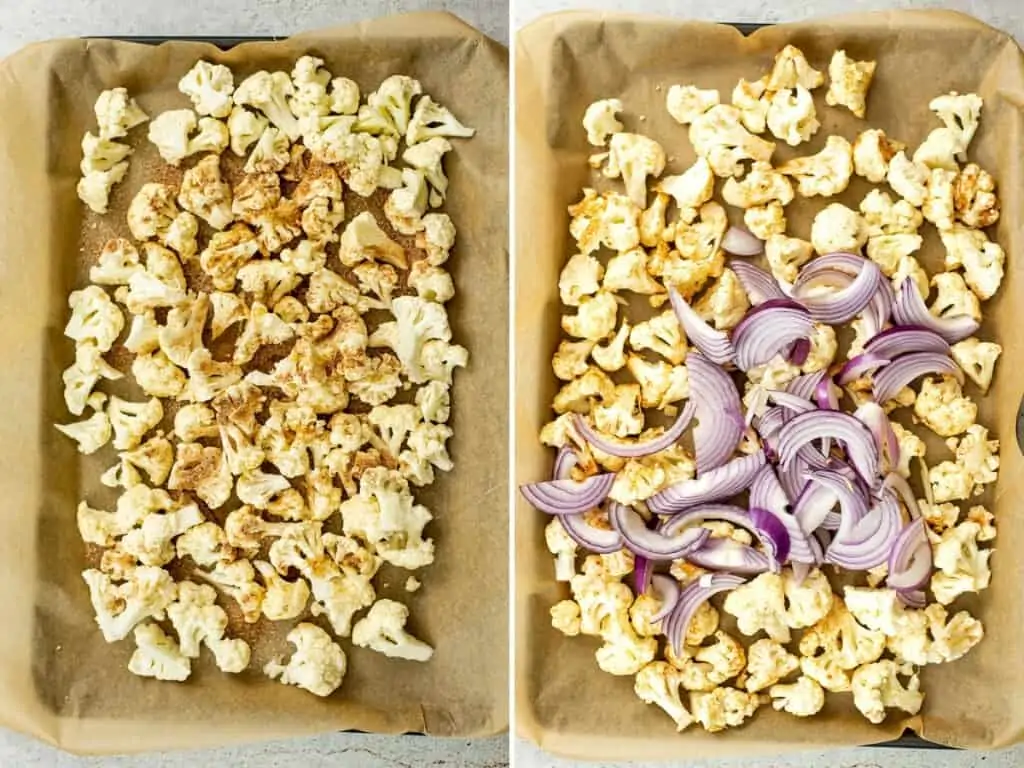 Steps on how to roast cauliflower and onions.