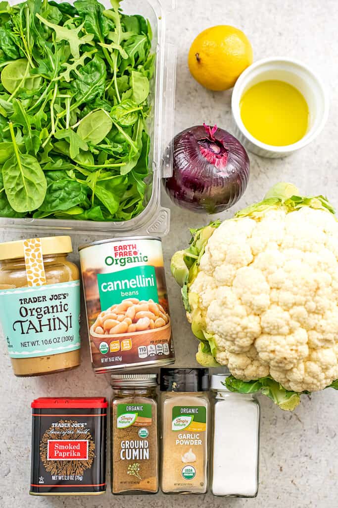 Ingredients to make Mediterranean Roasted Cauliflower Salad.