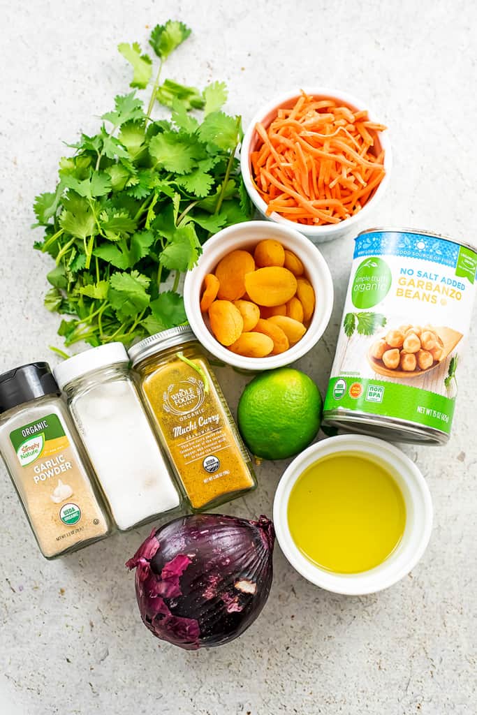 Ingredients to make apricot chickpea curry.