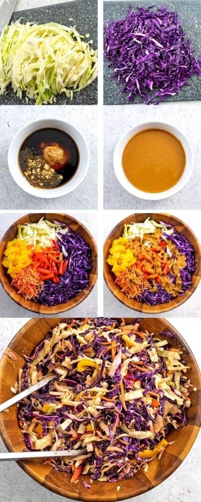 How to make asian cabbage slaw with peanut sesame dressing.
