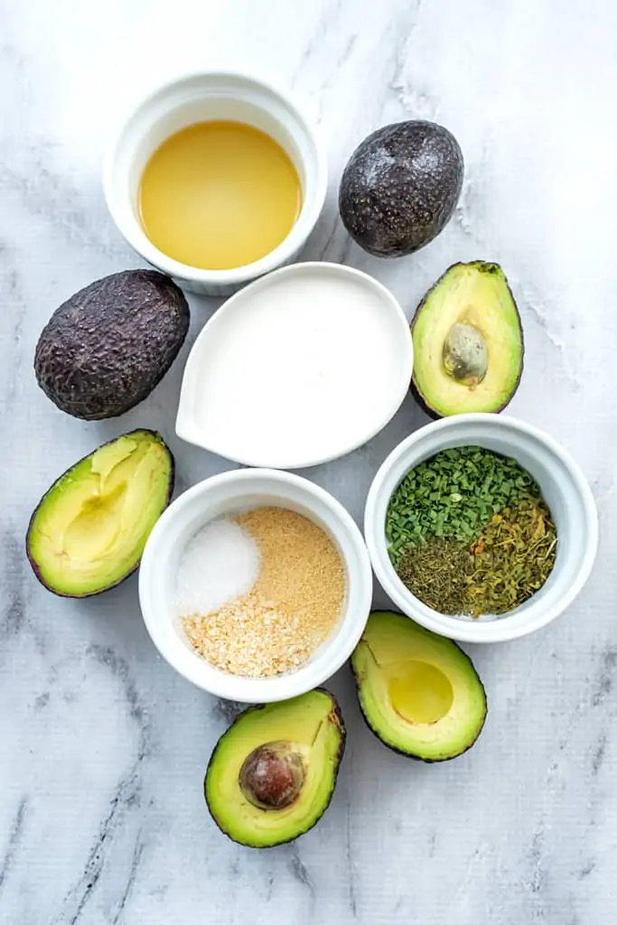 Ingredients to make vegan avocado ranch dressing.
