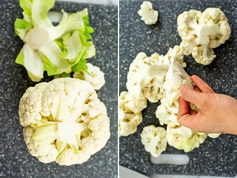 Steps on how to cut a head of cauliflower.