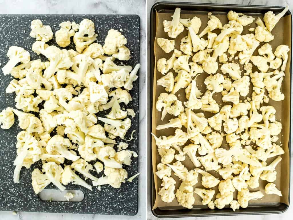 Cutting board of cauliflower and baking sheet with cut cauliflower. 