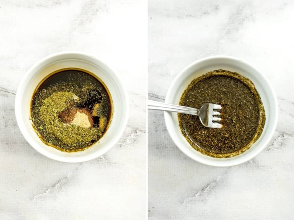 Before and after of the balsamic vinegar and spices being mixed.