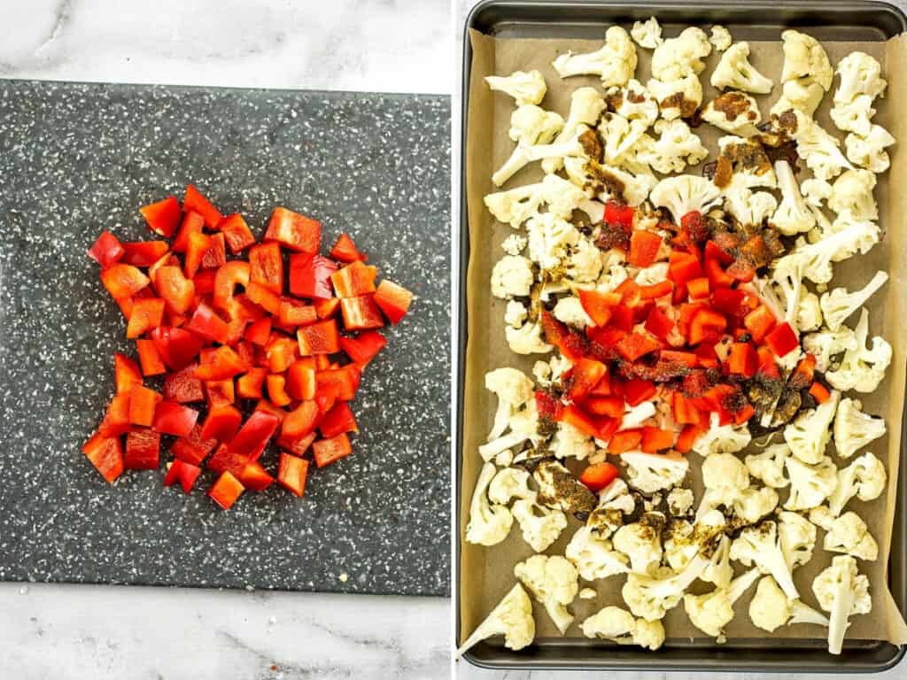 Cutting board with chopped red pepper, baking sheet with cauliflower, pepper and spices.