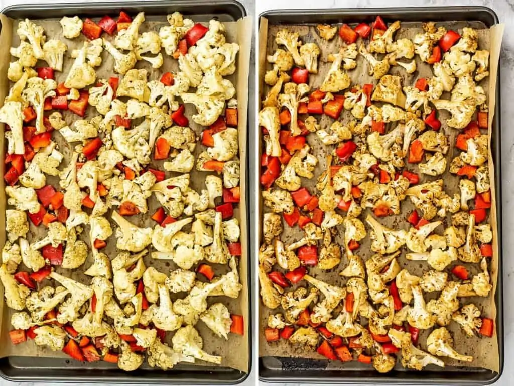 Balsamic roasted cauliflower and red pepper before and after baking.