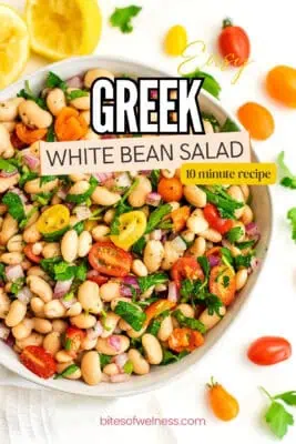 Large bowl filled with Greek White bean Salad