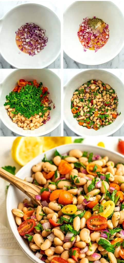 Steps on how to make greek white bean salad.