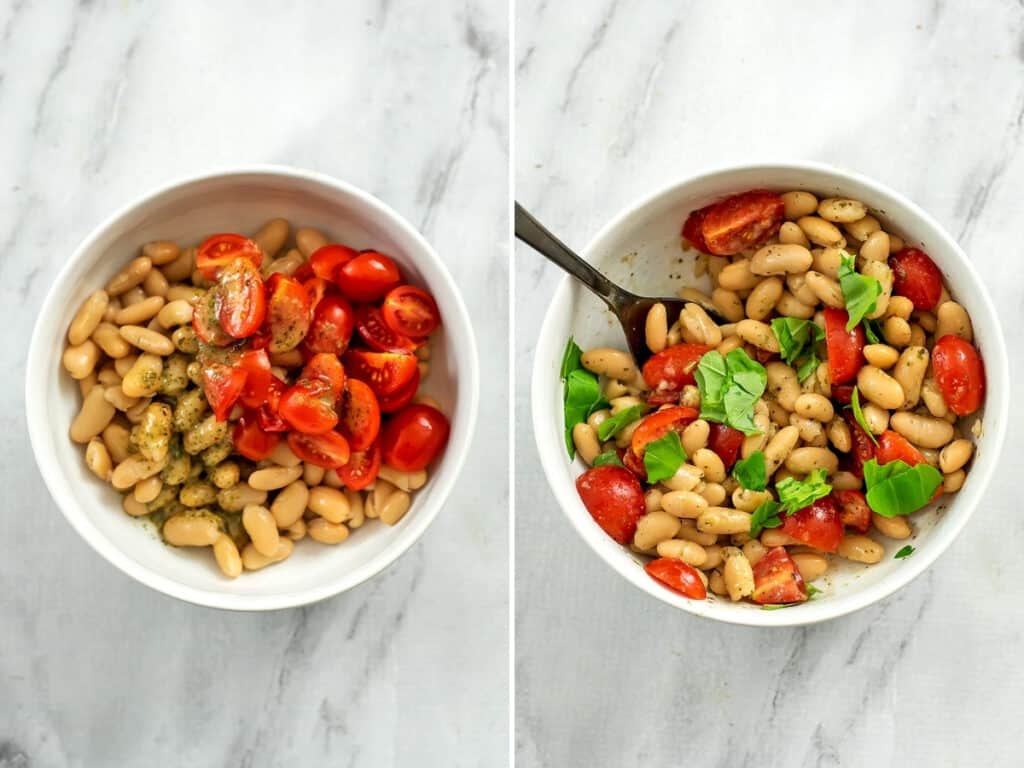 2 bowls with white bean salad, one before stirring and the other after adding basil.