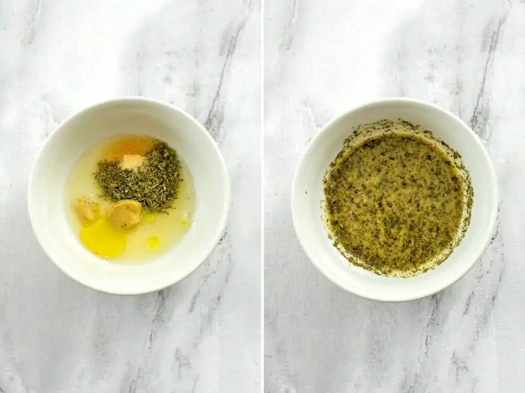 Before and after combining the italian dressing ingredients.