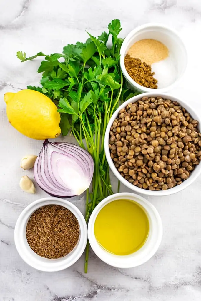 Ingredients to make lentil falafel.