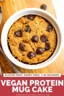 Vegan protein mug cake with chocolate chips on top.