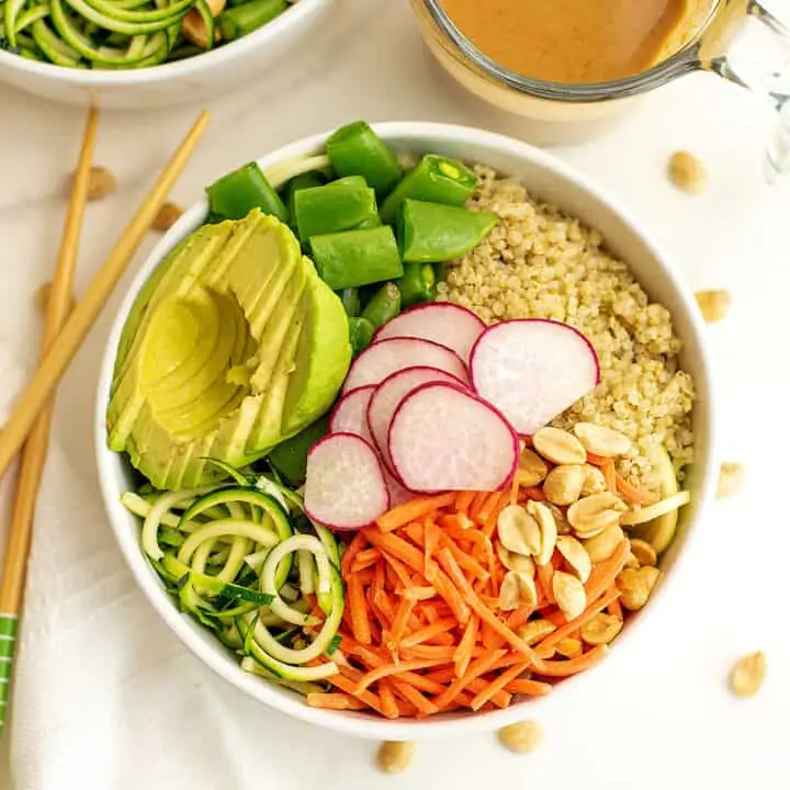 Asian buddha zoodle bowl in a white bowl.