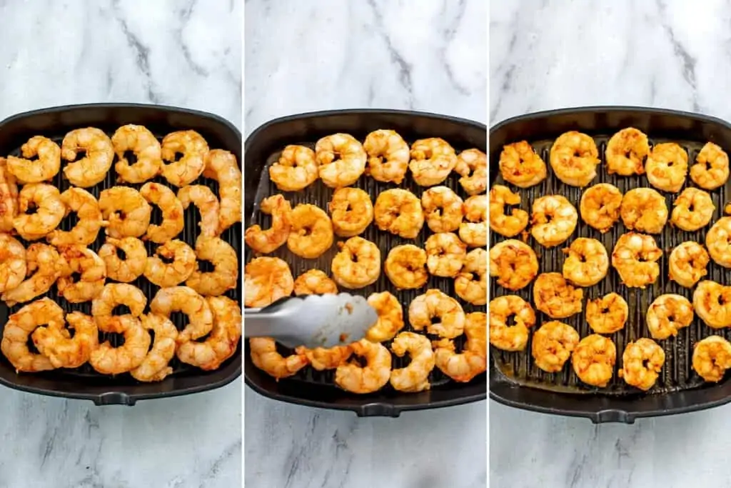 Before and after cooking shrimp on grill pan.
