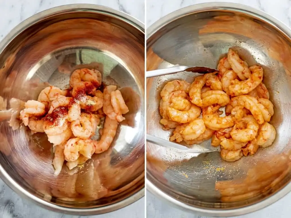 Raw shrimp with seasoning before and after stirring.