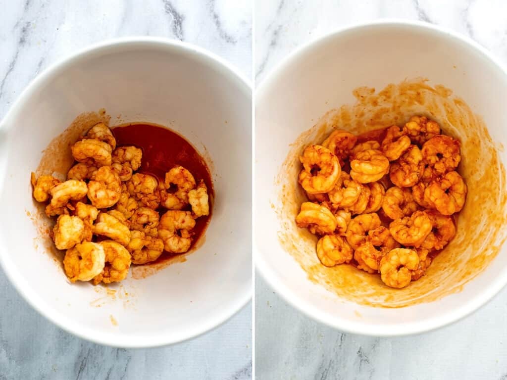 Grilled shrimp in buffalo sauce before and after stirring.