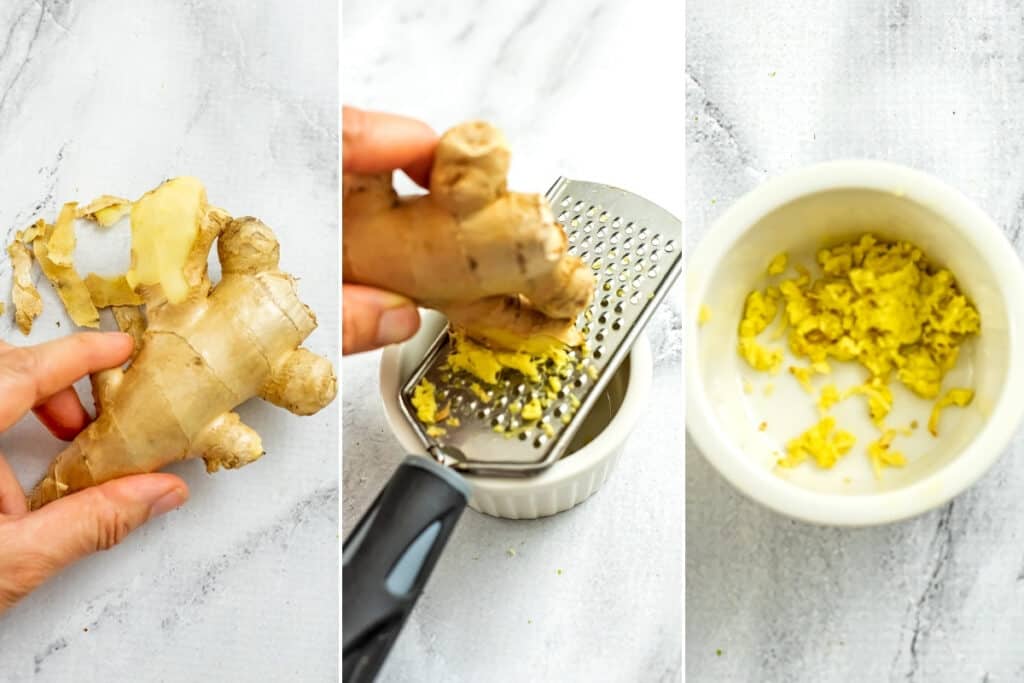 Three steps on how to grate ginger. Peel, grate, measure.
