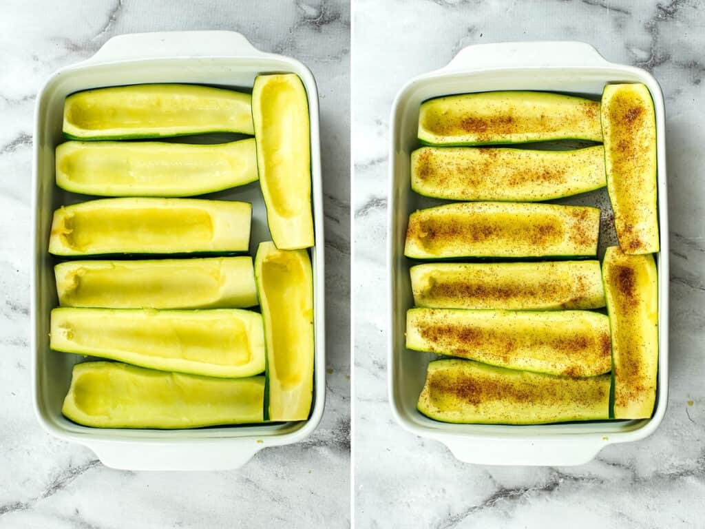 Uncooked zucchini boats before baking.