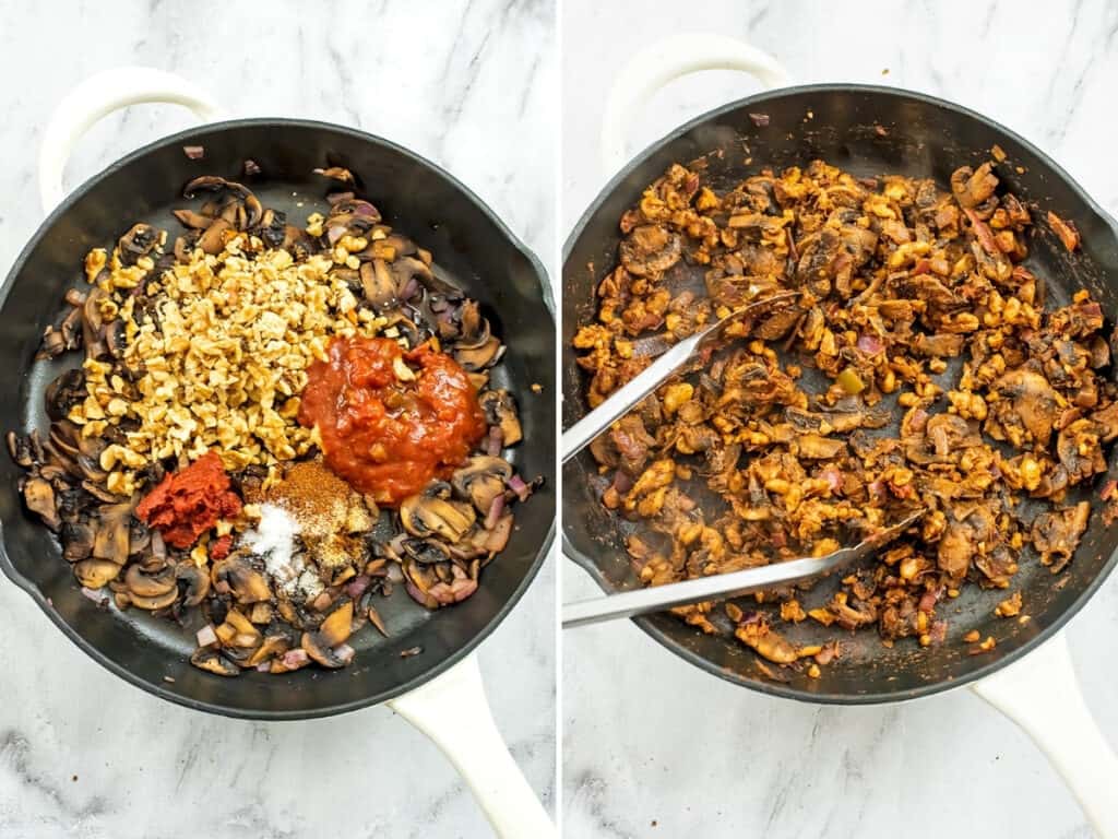 Mexican stuffed zucchini filling in a skillet before and after mixing.