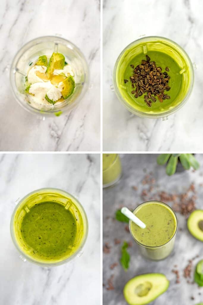 Steps on how to make a mint avocado protein smoothie.