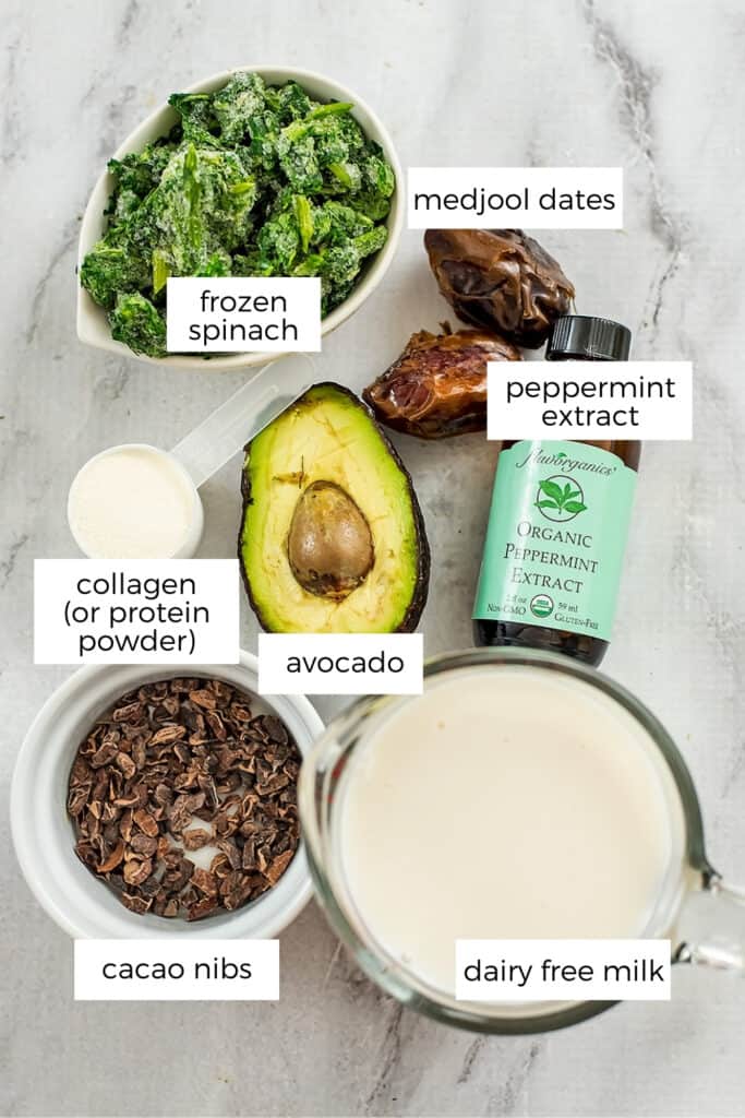 Ingredients to make a mint avocado protein shake.