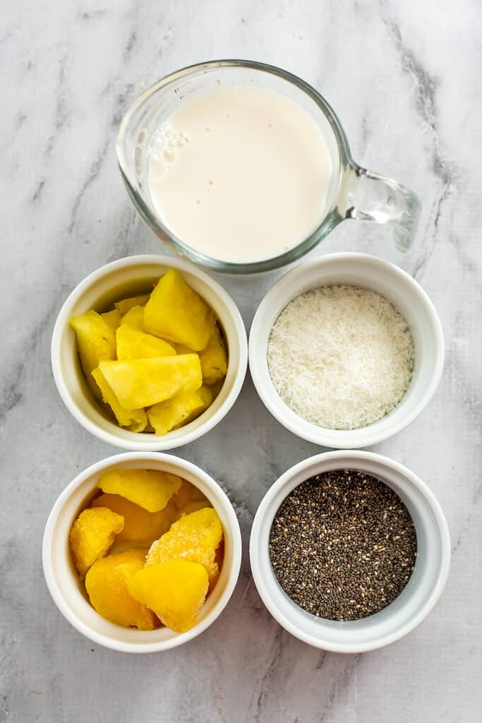 Ingredients for pineapple mango chia pudding.