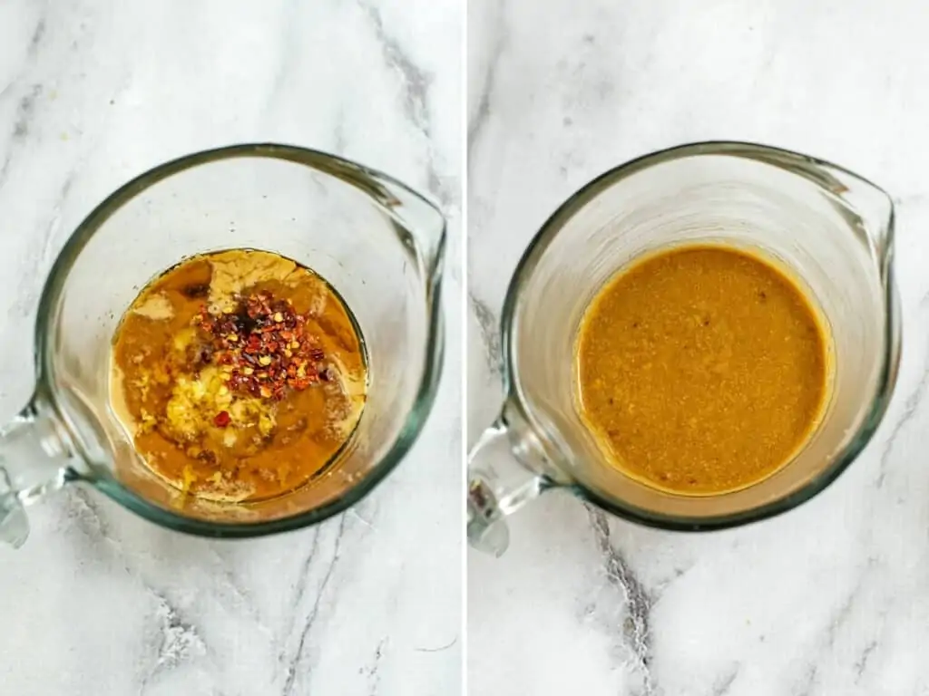 Before and after stirring tahini asian dressing in glass measuring cup.