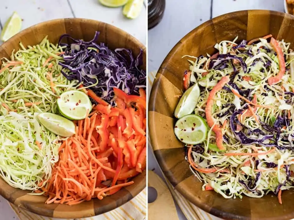 Whole30 Asian Slaw before and after stirring.