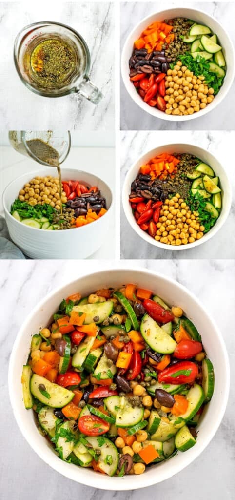 Steps on how to make a Mediterranean Chopped Salad.