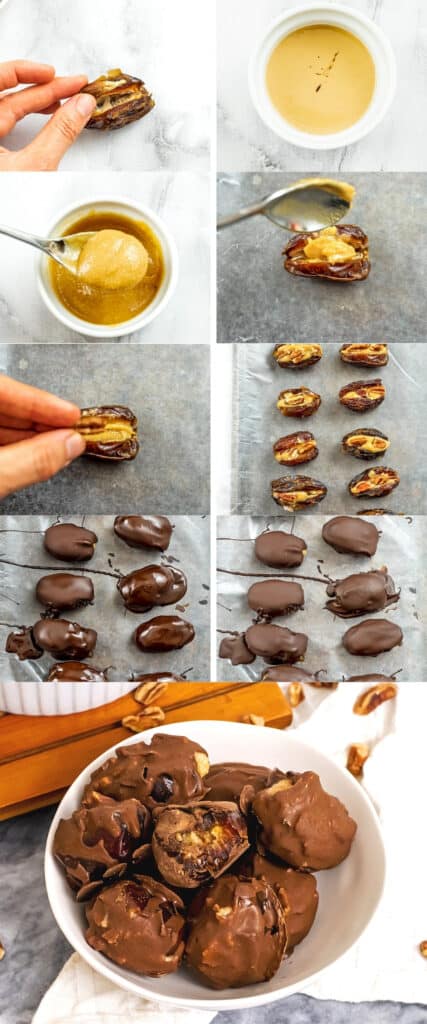 Steps to make chocolate coated stuffed dates.