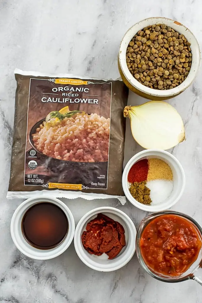Ingredients to make cauliflower lentil taco meat.