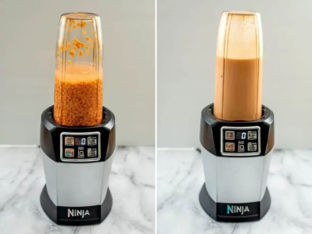 Red lentils in a blender before and after blending.