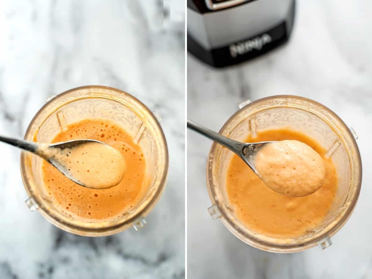 Lentil flatbread batter before and after resting.