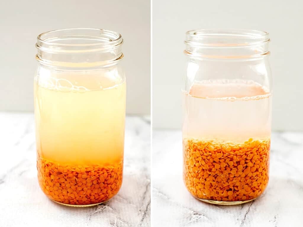 Red lentils before and after rinsing.