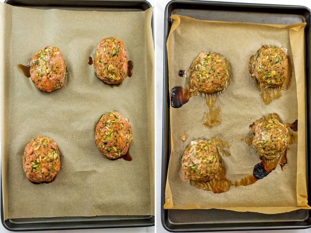 Before and after baking mini turkey meatloaves.