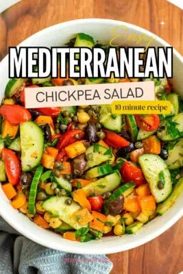 Large bowl filled with a Mediterranean chickpea salad