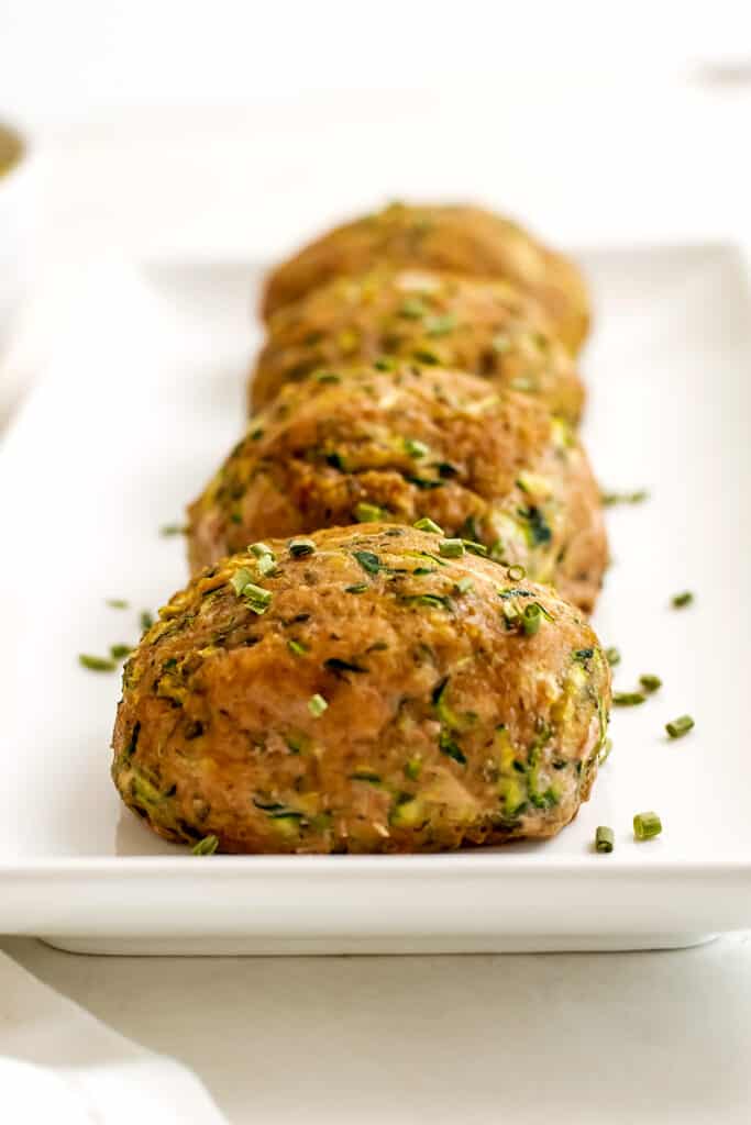 Whole30 Ranch turkey mini meatloaves on a long plate.